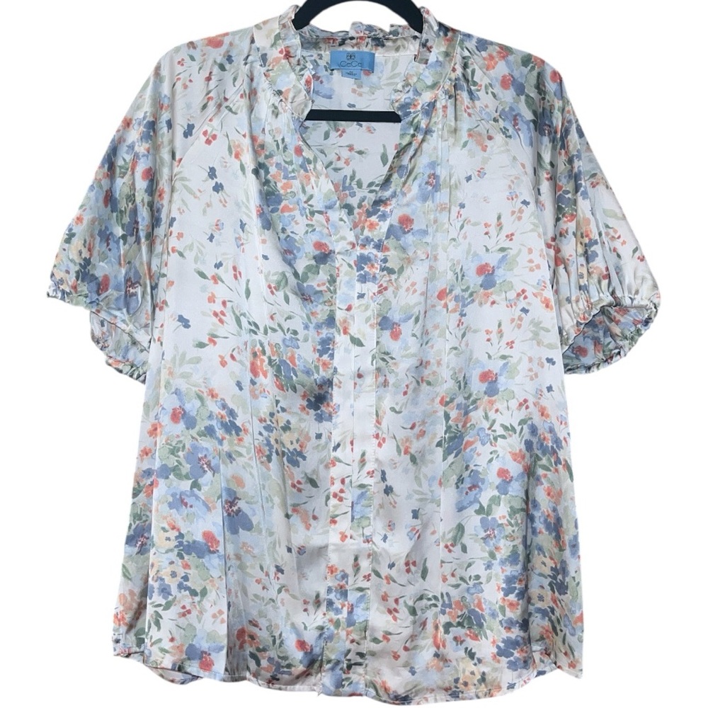CeCe Floral V-neck Ruffle Trim Satin Blouse